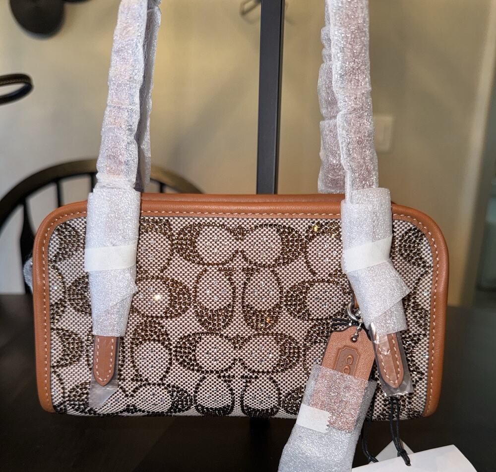 NWT Coach Swing Zip Bag 20 Crystal Signature Jacquard Burnished Amber CBH53
